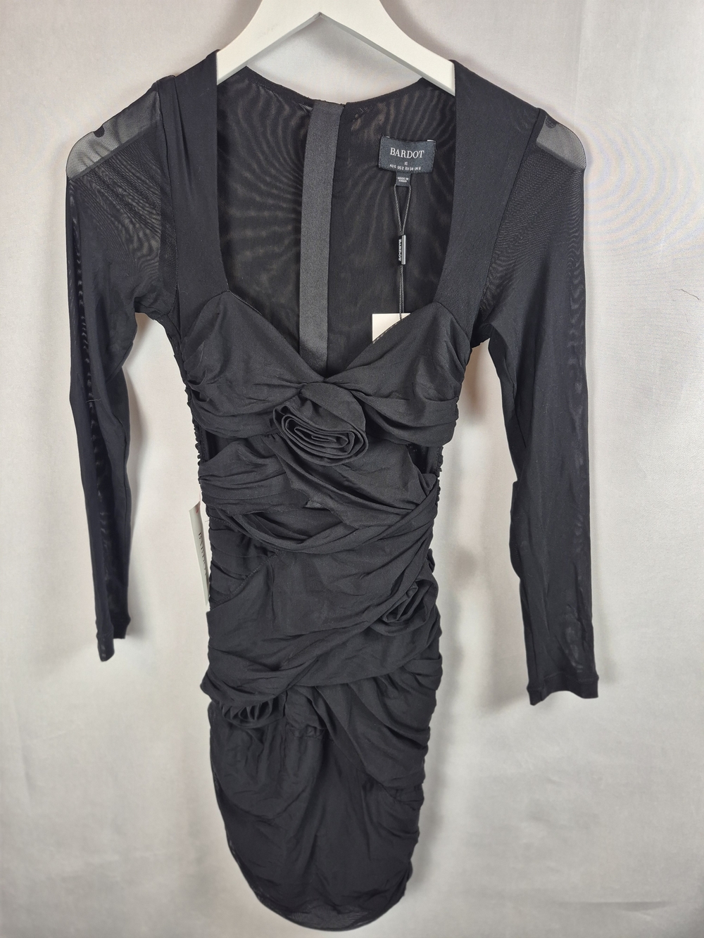 Bardot Pippa Mesh Mini Dress Black NWT XS US 2 Rosette Ruched Cutout Long Sleeve